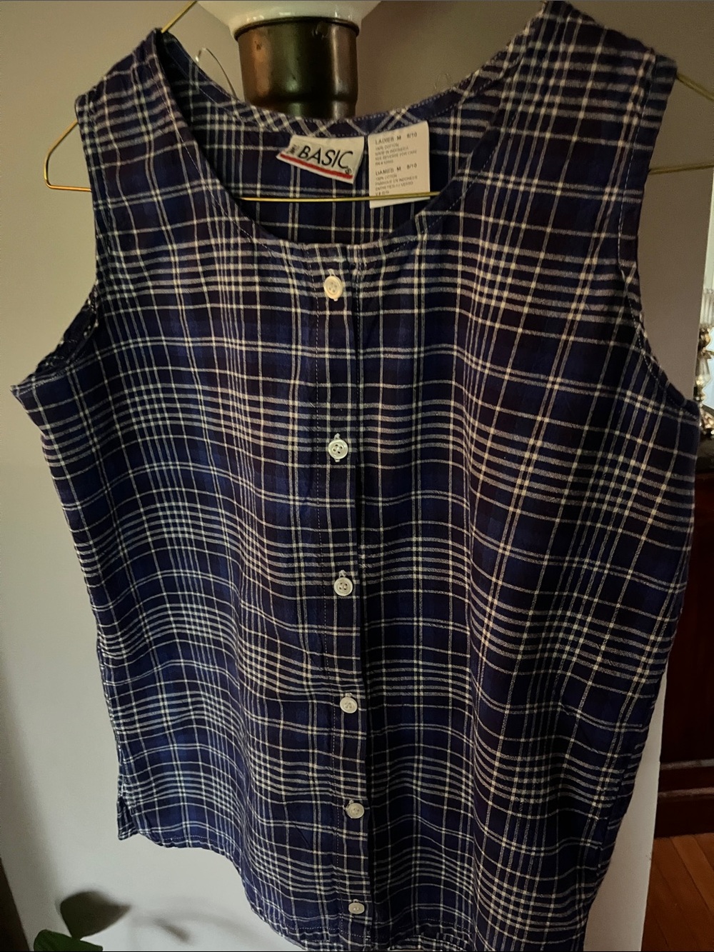Basic Navy Plaid Button-Front Sleeveless Top